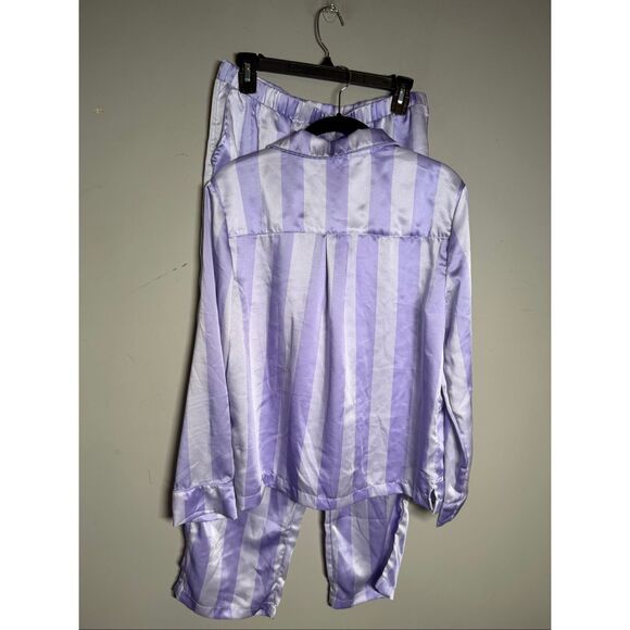 LOFT satin purple stripe notch collar pajama set medium - Picture 5 of 9